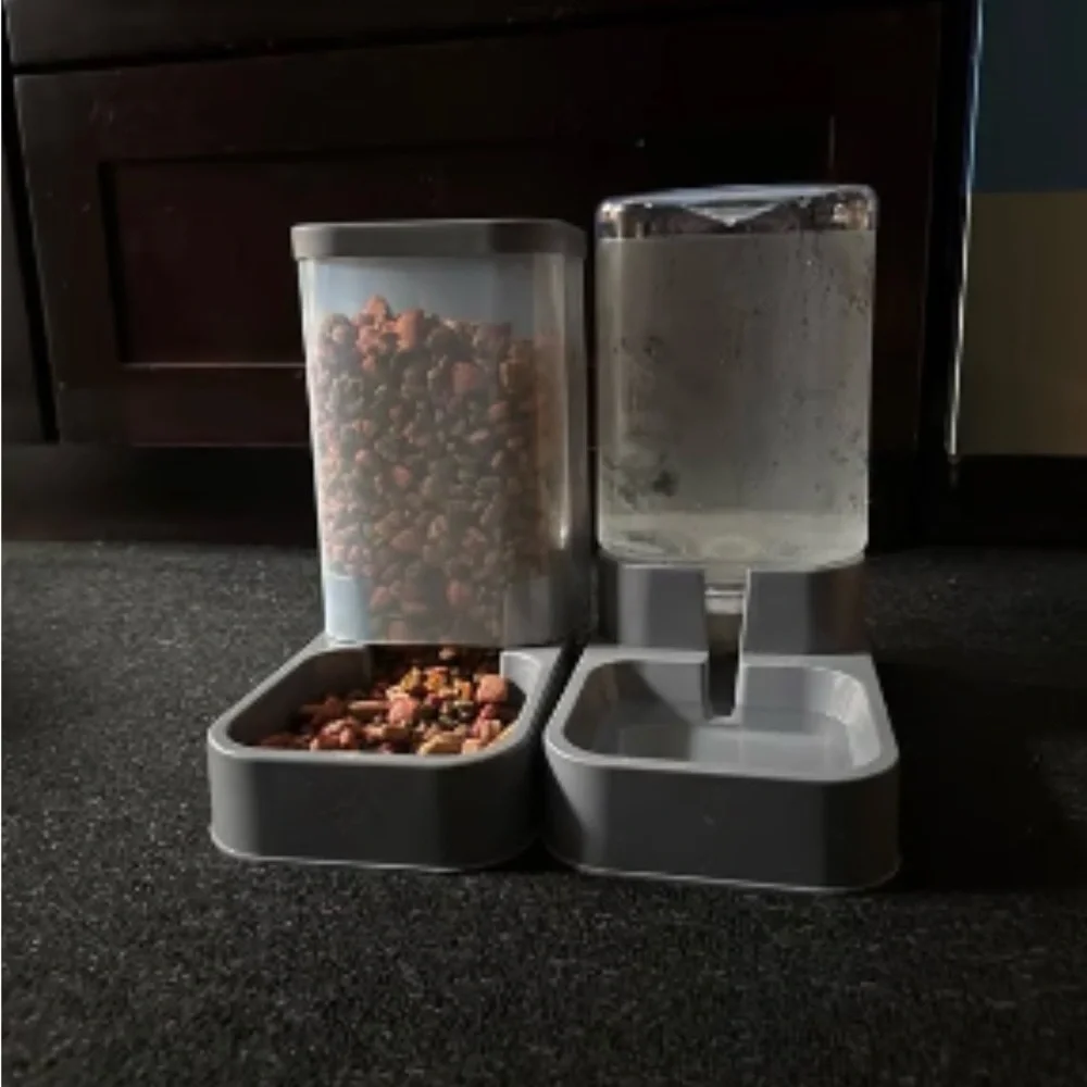 Gray Pet Food and Water Dispenser Set